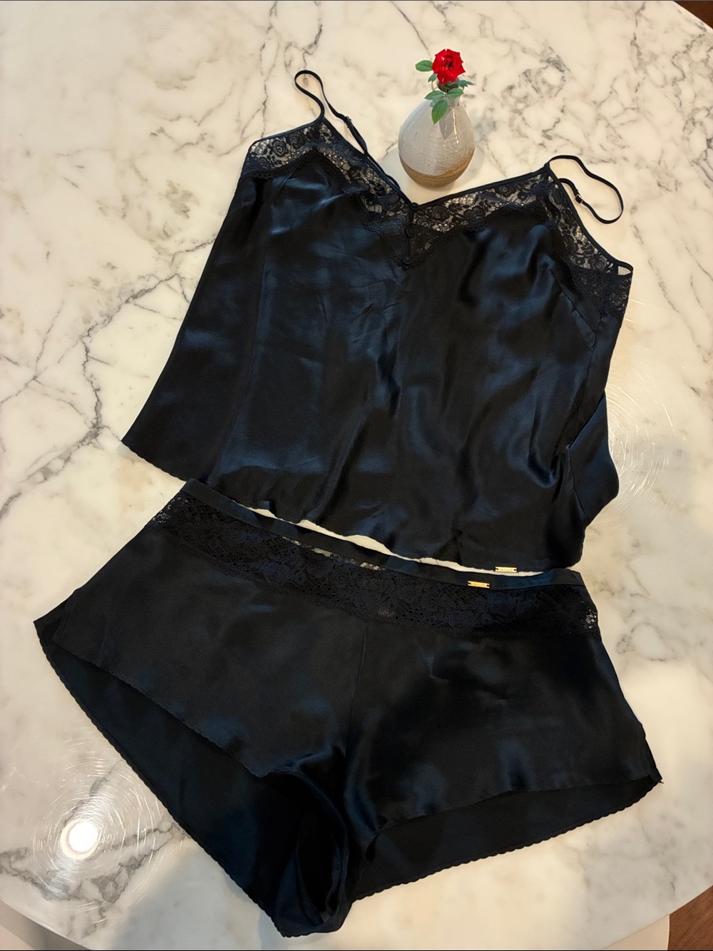 Autograph Black Satin Lace-Trim Cami & Short Sleep Set